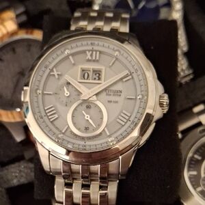 Citizen Eco-Drive Silver-Tone Stainless Steel Watch with Big Date Display